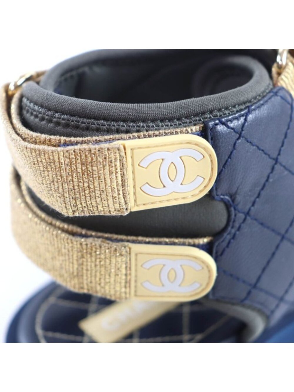 Chanel CC Logo Quilted Velcro Fabric Leather Sandals Khaki Navy 39 - Picture 10 of 16